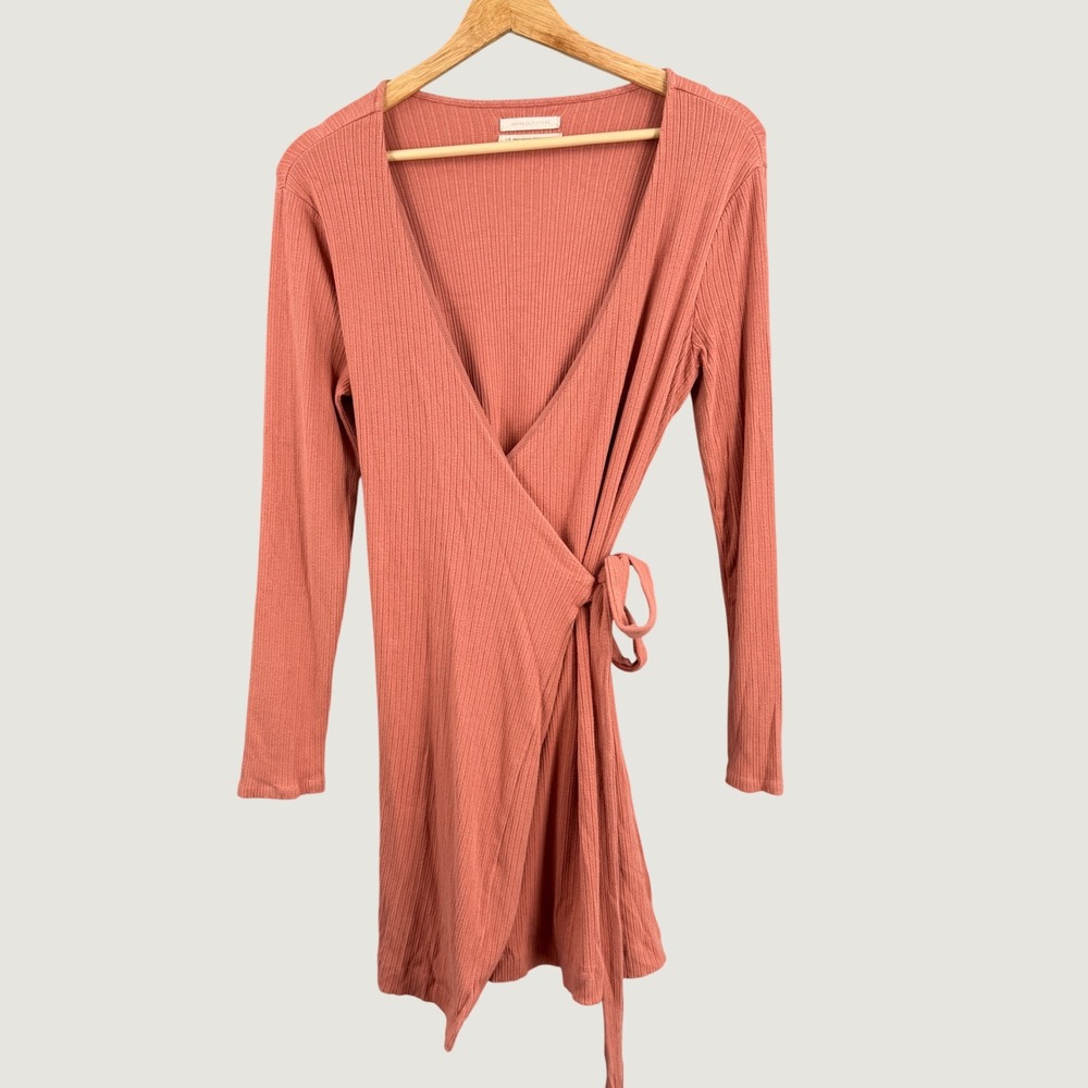 Urban Outfitters Rust Ribbed True Wrap Cardigan Top Large Stretchy Tie Waist